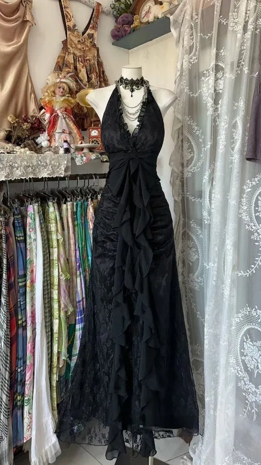 Romantic Mermaid Halter Neck Sleeveless Tie‑Back Floor‑Length Prom Dress