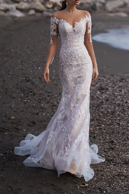 Romantic Mermaid Off-the-Shoulder Long-Sleeve Sheer-Back Chapel Train Wedding Dress