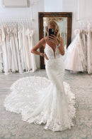 Romantic Mermaid Plunge-V-Neck Spaghetti-Strap Open-Back Train-Length Wedding Dress