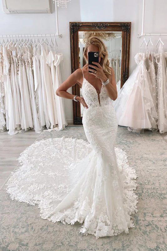 Romantic Mermaid Plunge-V-Neck Spaghetti-Strap Open-Back Train-Length Wedding Dress
