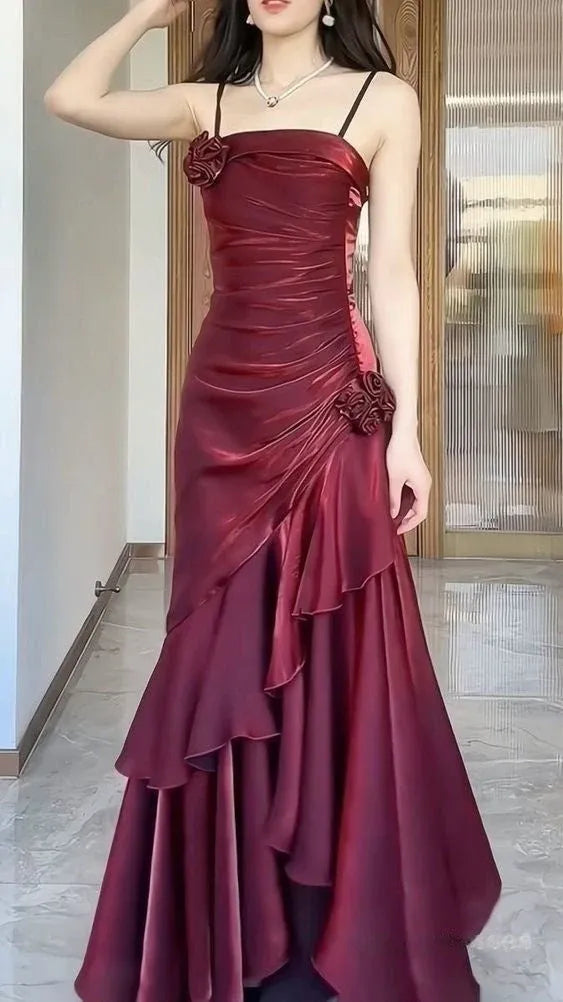 Romantic Mermaid Square Neck Spaghetti Strap Plain Back Floor‑Length Prom Dress