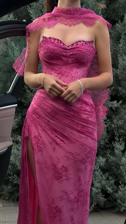 Romantic Mermaid Strapless Sweetheart Lace‑Overlay High‑Slit Floor‑Length Prom Dress
