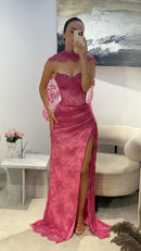 Romantic Mermaid Strapless Sweetheart Lace‑Overlay High‑Slit Floor‑Length Prom Dress