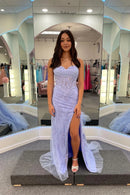 Romantic Mermaid Sweetheart Strapless Lace-Up-Back High-Slit Train Evening Dress