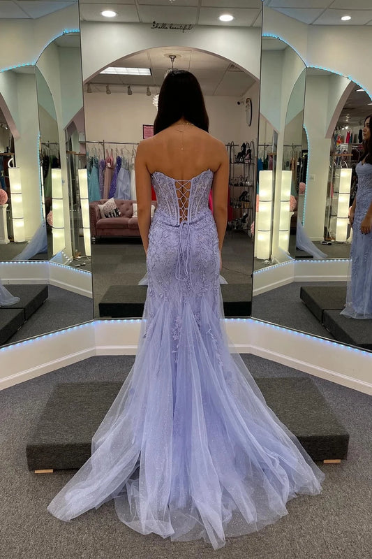 Romantic Mermaid Sweetheart Strapless Lace-Up-Back High-Slit Train Evening Dress