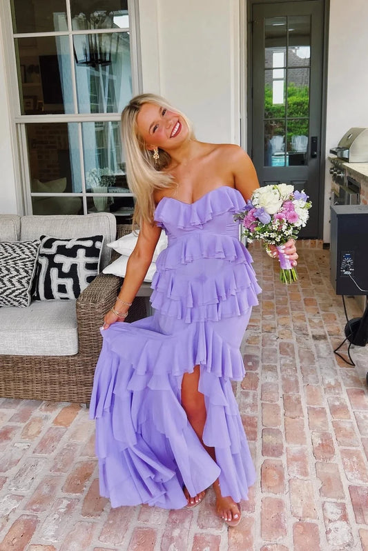 Romantic Mermaid Sweetheart Strapless Open-Back Tiered-Ruffle High-Slit Evening Dress