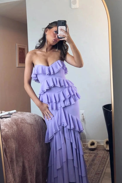 Romantic Mermaid Sweetheart Strapless Open-Back Tiered-Ruffle High-Slit Evening Dress