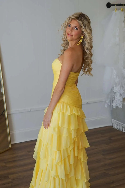 Romantic Mermaid Sweetheart Strapless Ruched Tiered-Ruffle High-Slit Evening Dress
