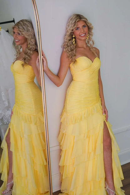Romantic Mermaid Sweetheart Strapless Ruched Tiered-Ruffle High-Slit Evening Dress