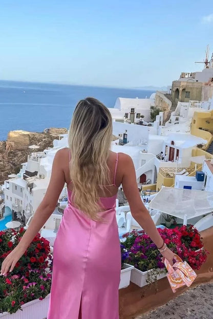 Romantic Slip-Style Cowl-Neck Spaghetti-Strap Open-Back Side-Slit Maxi Evening Dress