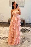 Romantic Tiered A-Line Halter Sleeveless Open Back Floor-Length Blush Pink Evening Dresses