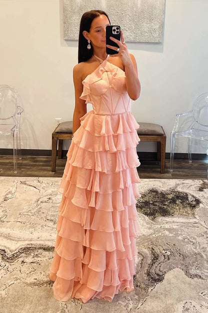 Romantic Tiered A-Line Halter Sleeveless Open Back Floor-Length Blush Pink Evening Dresses