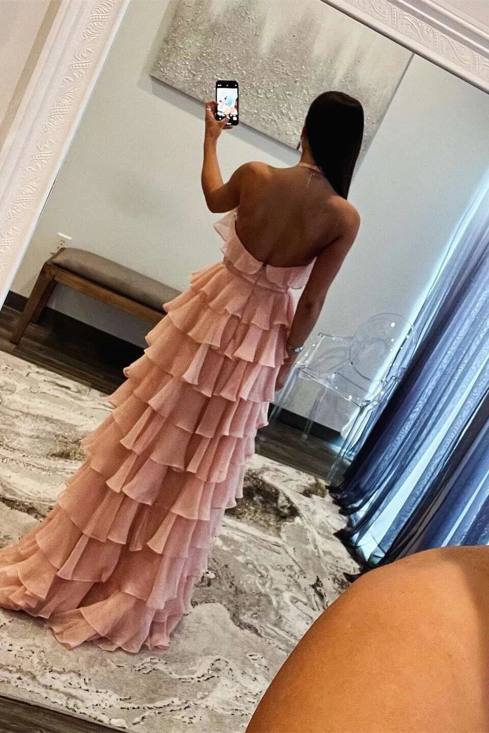 Romantic Tiered A-Line Halter Sleeveless Open Back Floor-Length Blush Pink Evening Dresses