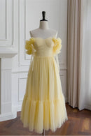 Romantic Tiered A-Line Off-the-Shoulder Floral Sleeve Lace Up Back Midi-Length Yellow Dot Tulle Evening Dresses