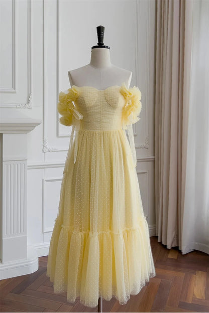 Romantic Tiered A-Line Off-the-Shoulder Floral Sleeve Lace Up Back Midi-Length Yellow Dot Tulle Evening Dresses