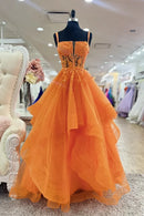 Romantic Tiered A-Line Square Neck Spaghetti Straps Lace Up Back Floor-Length Orange Lace Tulle Evening Dresses