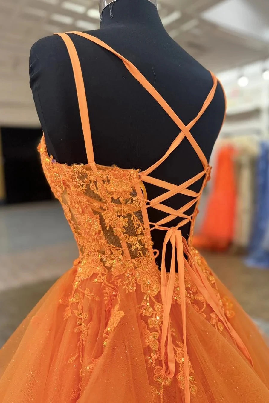 Romantic Tiered A-Line Square Neck Spaghetti Straps Lace Up Back Floor-Length Orange Lace Tulle Evening Dresses