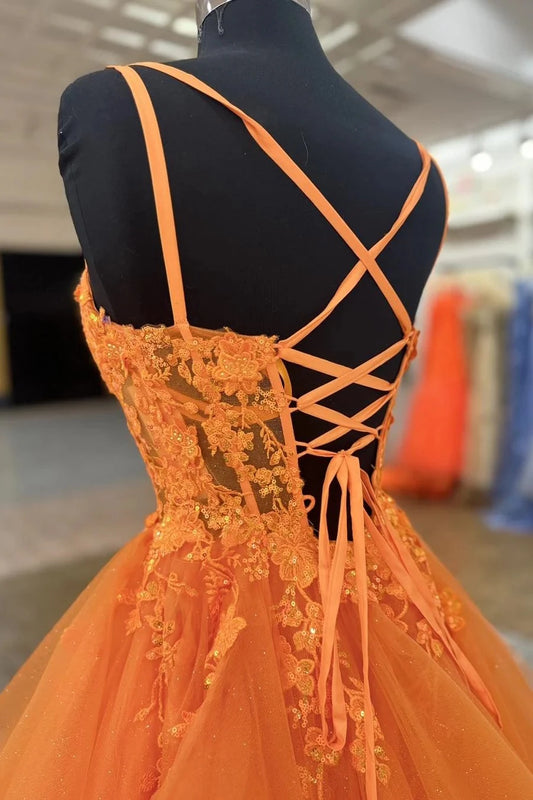 Romantic Tiered A-Line Square Neck Spaghetti Straps Lace Up Back Floor-Length Orange Lace Tulle Evening Dresses