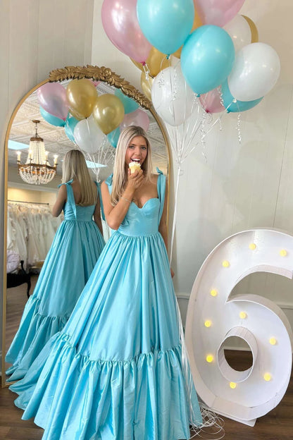 Romantic Tiered A-Line Sweetheart Bow Straps Open Back Floor-Length Sky Blue Evening Dresses