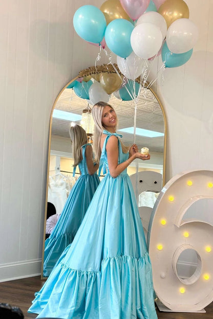 Romantic Tiered A-Line Sweetheart Bow Straps Open Back Floor-Length Sky Blue Evening Dresses
