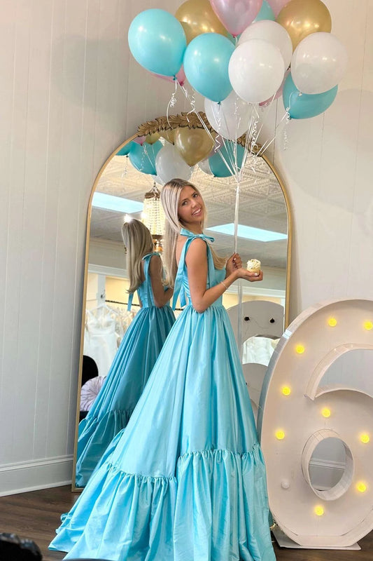 Romantic Tiered A-Line Sweetheart Bow Straps Open Back Floor-Length Sky Blue Evening Dresses