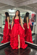 Romantic Tiered A-Line Sweetheart Spaghetti Straps Lace Up Back Sweep Train Red Satin Evening Dresses