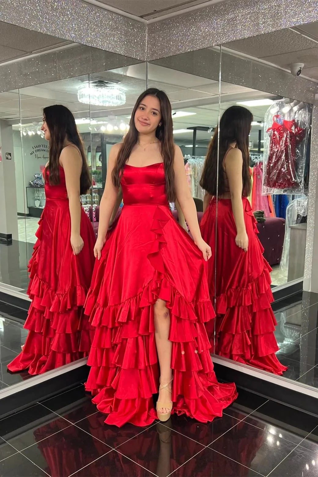 Romantic Tiered A-Line Sweetheart Spaghetti Straps Lace Up Back Sweep Train Red Satin Evening Dresses