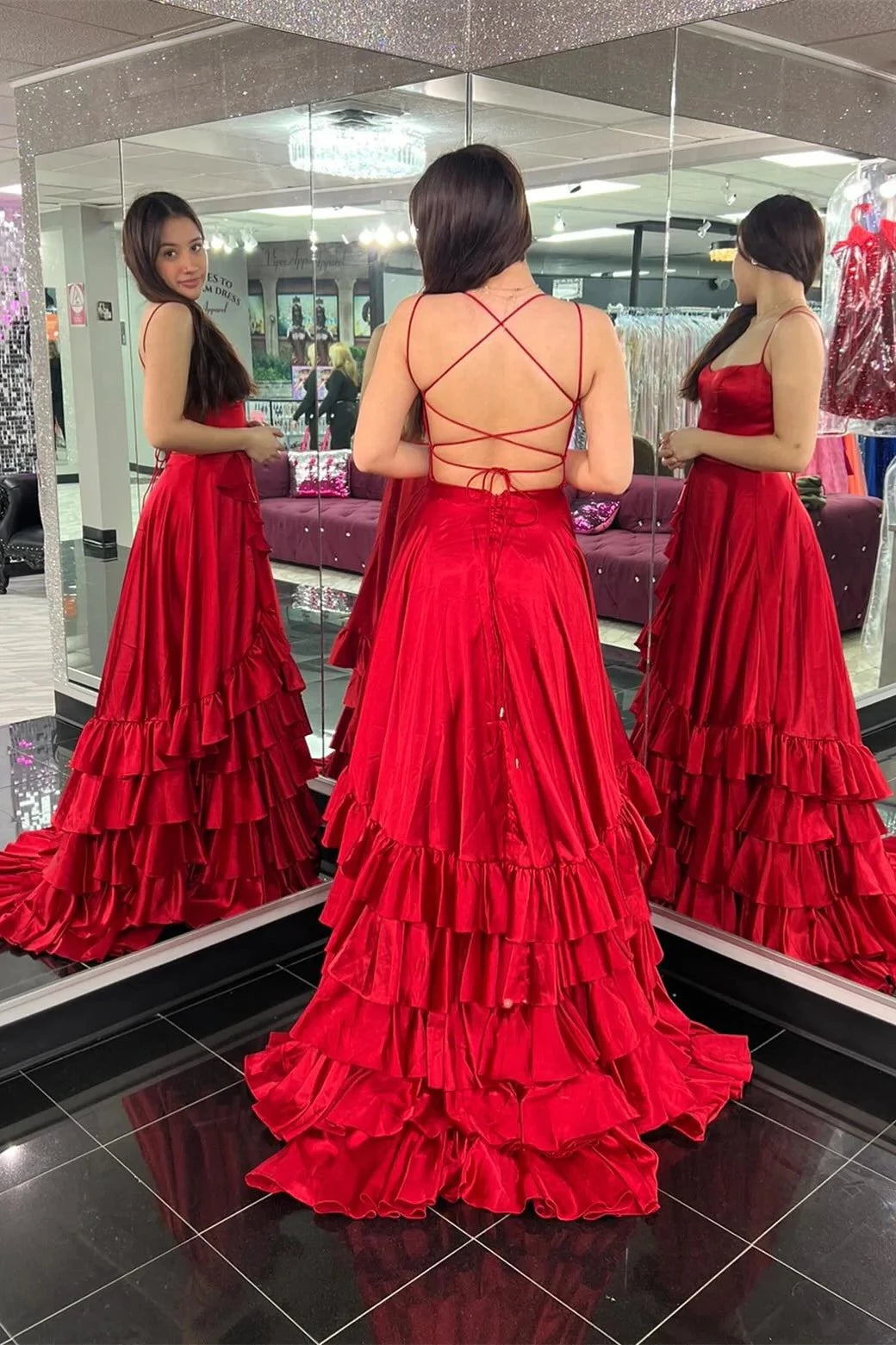 Romantic Tiered A-Line Sweetheart Spaghetti Straps Lace Up Back Sweep Train Red Satin Evening Dresses