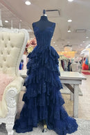 Romantic Tiered A-Line Sweetheart Spaghetti Straps Open Back Sweep Train Navy Blue Lace Tulle Evening Dresses