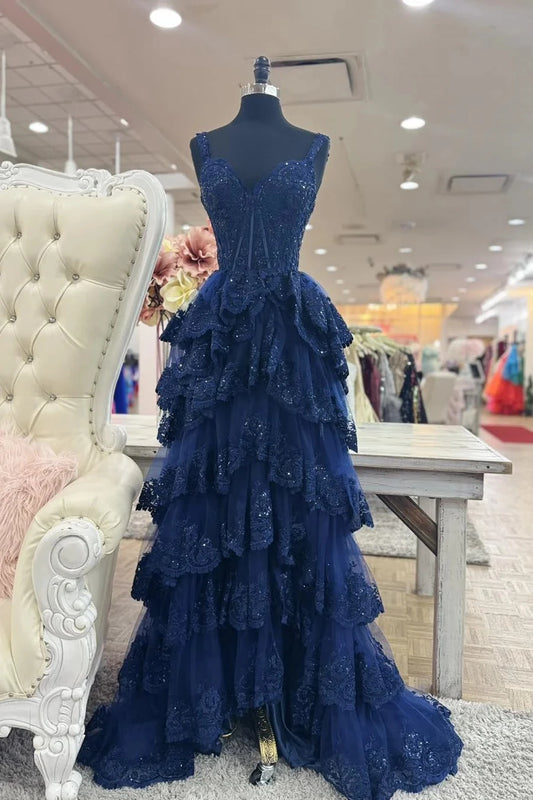 Romantic Tiered A-Line Sweetheart Spaghetti Straps Open Back Sweep Train Navy Blue Lace Tulle Evening Dresses