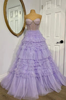 Romantic Tiered A-Line Sweetheart Strapless Open Back Sweep Train Lavender Ruffle Tulle Evening Dresses
