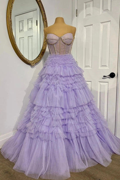 Romantic Tiered A-Line Sweetheart Strapless Open Back Sweep Train Lavender Ruffle Tulle Evening Dresses