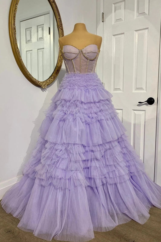 Romantic Tiered A-Line Sweetheart Strapless Open Back Sweep Train Lavender Ruffle Tulle Evening Dresses