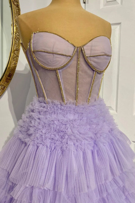 Romantic Tiered A-Line Sweetheart Strapless Open Back Sweep Train Lavender Ruffle Tulle Evening Dresses