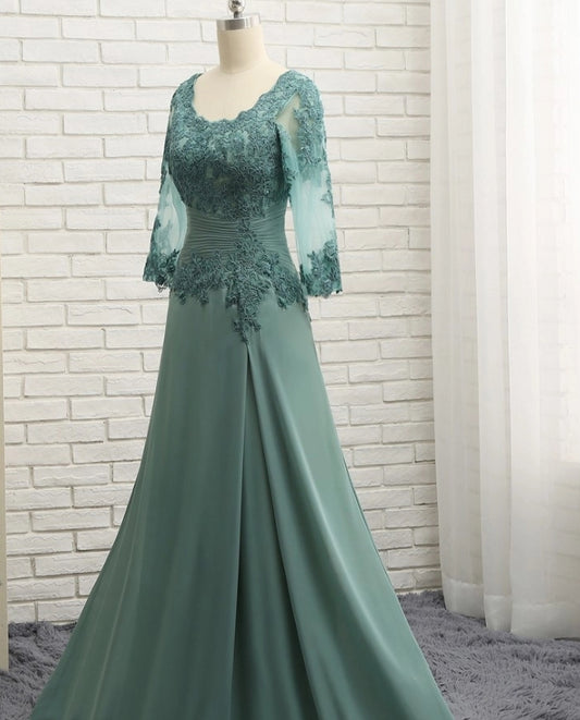 A-Line/Princess Chiffon Applique Scoop 3/4 Sleeves Sweep/Brush Train Mother of the Bride Dresses