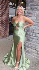 Sage Green Strapless Cut‑Out Ruched High‑Slit Satin Mermaid Prom Dress
