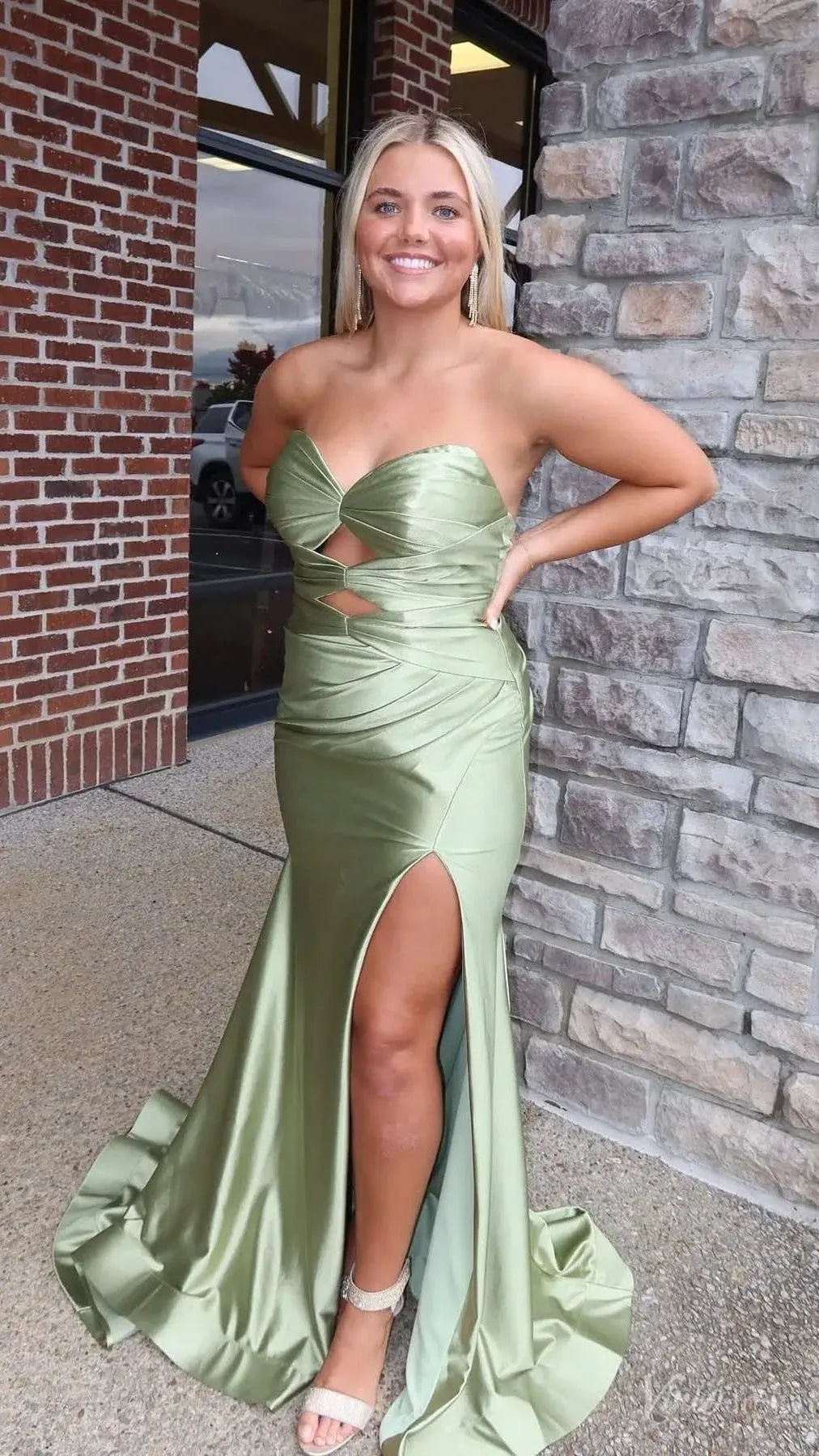 Sage Green Strapless Cut‑Out Ruched High‑Slit Satin Mermaid Prom Dress