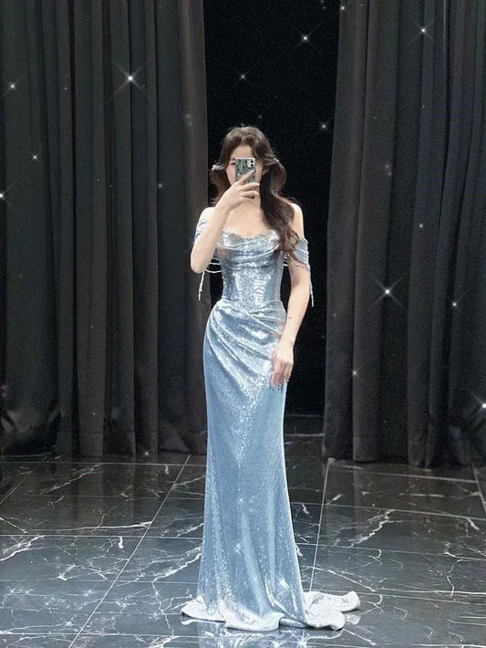 Shimmering Mermaid Off-Shoulder Cowl Short-Sleeve Ruched Train-Length Ice-Blue Prom Dress.