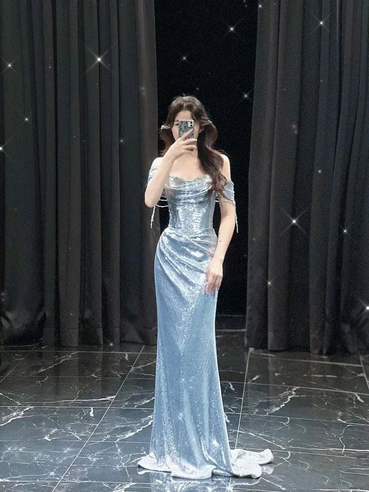 Shimmering Mermaid Off‑shoulder Short‑sleeve Solid‑back Train‑length Prom Dress