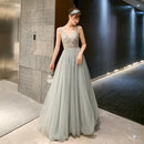 Grey V Neck Beaded Bodice Tulle A Line Prom Dress