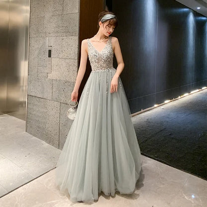 Grey V Neck Beaded Bodice Tulle A Line Prom Dress