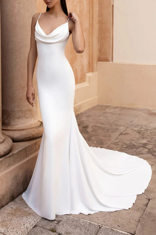 Sleek Mermaid Cowl Neck Spaghetti Strap Button Back Train Length Wedding Dress