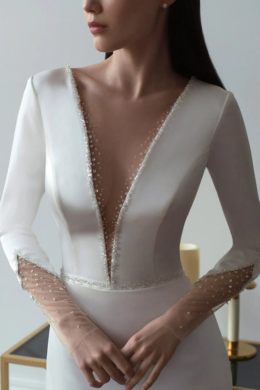 Sleek Mermaid Deep-V-Neck Long-Sleeve Open-Back Train-Length Wedding Dress