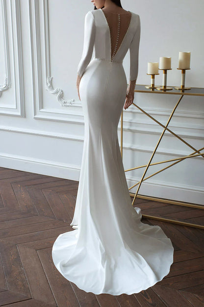 Sleek Mermaid Deep-V-Neck Long-Sleeve Open-Back Train-Length Wedding Dress
