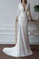 Sleek Mermaid Deep-V-Neck Long-Sleeve Open-Back Train-Length Wedding Dress
