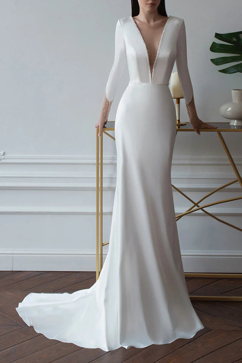 Sleek Mermaid Deep-V-Neck Long-Sleeve Open-Back Train-Length Wedding Dress
