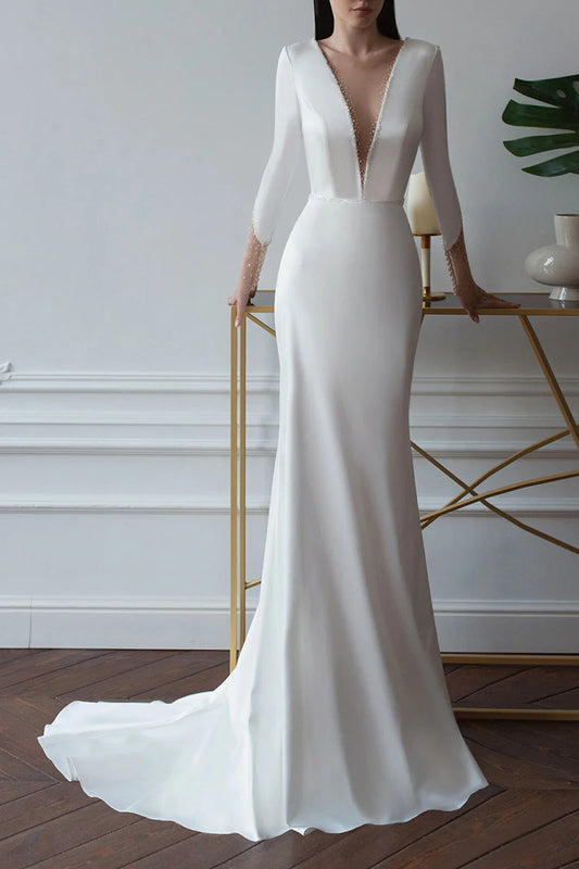 Sleek Mermaid Deep-V-Neck Long-Sleeve Open-Back Train-Length Wedding Dress