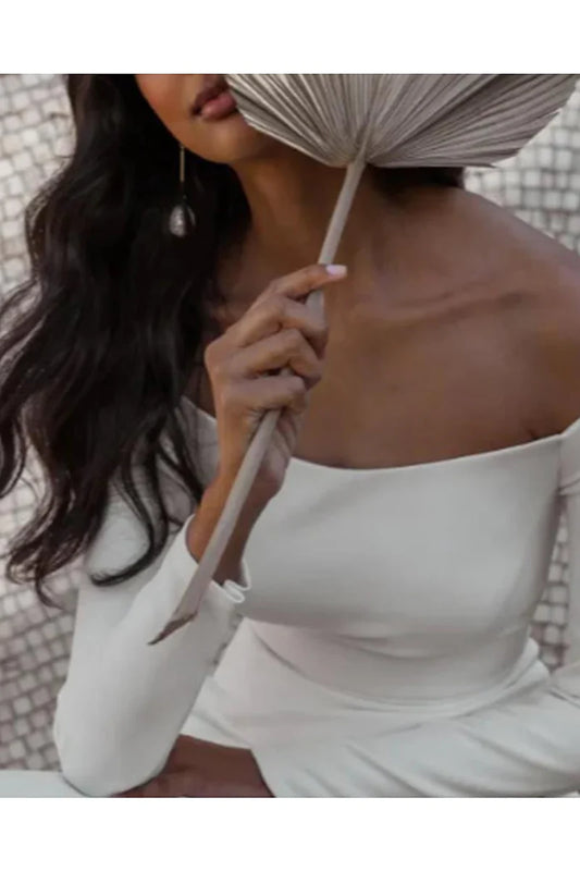 Sleek Mermaid Off-Shoulder Long Sleeve Zipper Back Train Length Wedding Dress