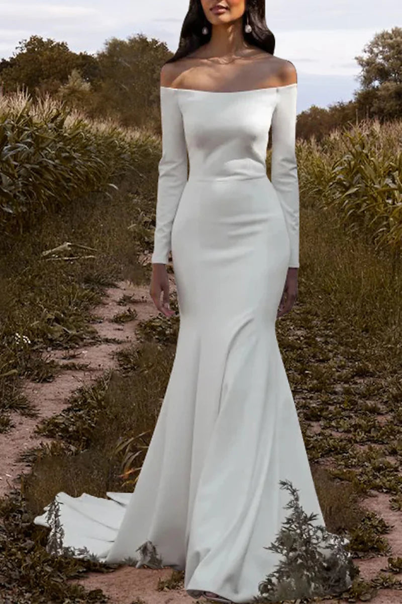 Sleek Mermaid Off-Shoulder Long Sleeve Zipper Back Train Length Wedding Dress