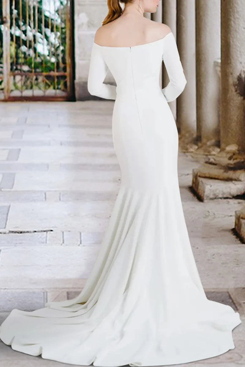 Sleek Mermaid Off-Shoulder Long Sleeve Zipper Back Train Length Wedding Dress
